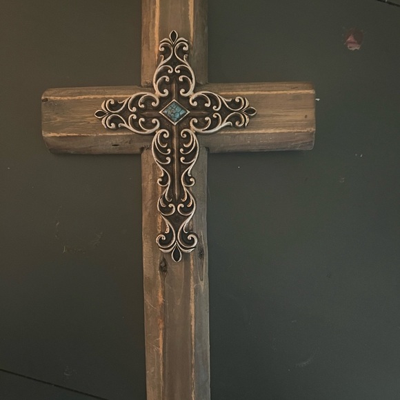 10” distressed wood cross teal rock wall hang decor Rustic home - Picture 2 of 4